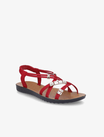 Nu-pieds à brides entrelacées ornées de bijoux et de strass - Rouge - 3