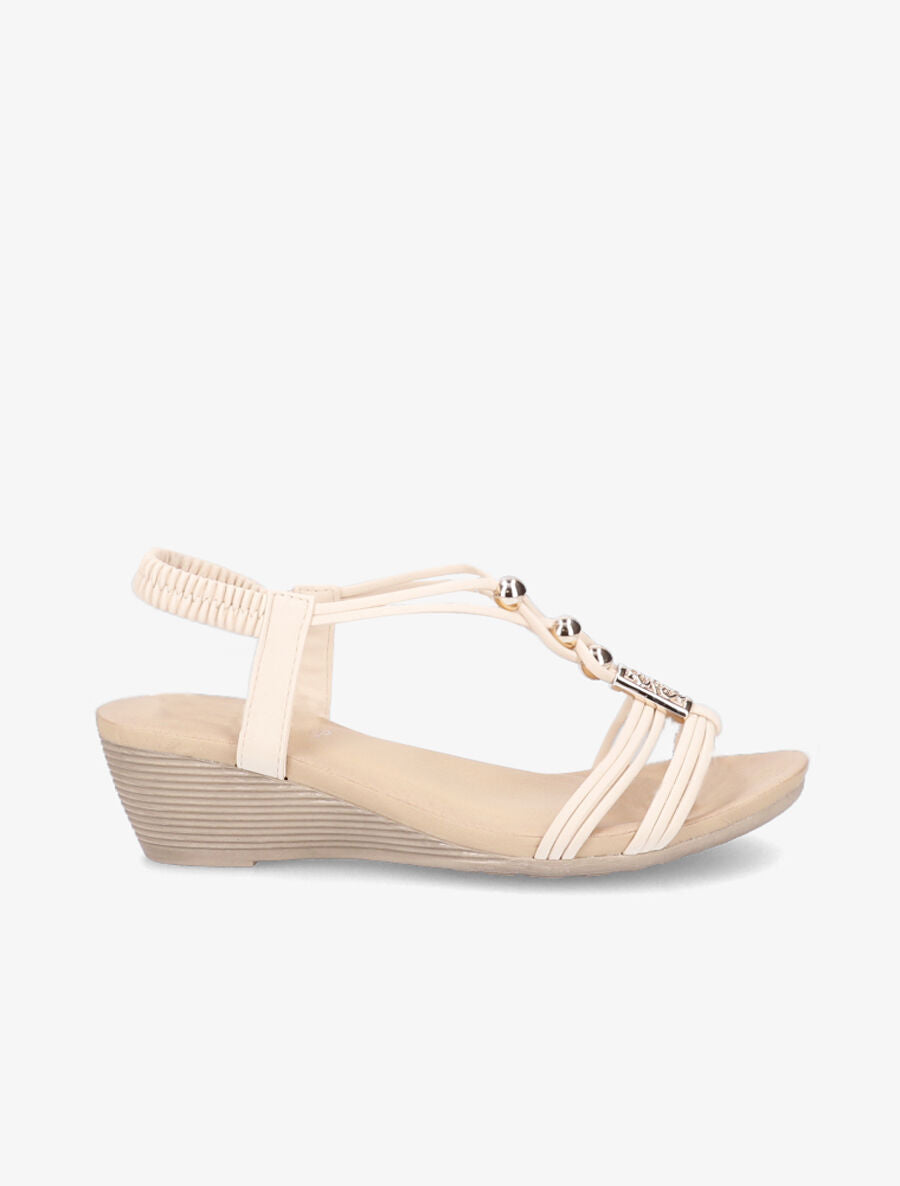 Sandales compensées à empiècements dorés - Beige - 2