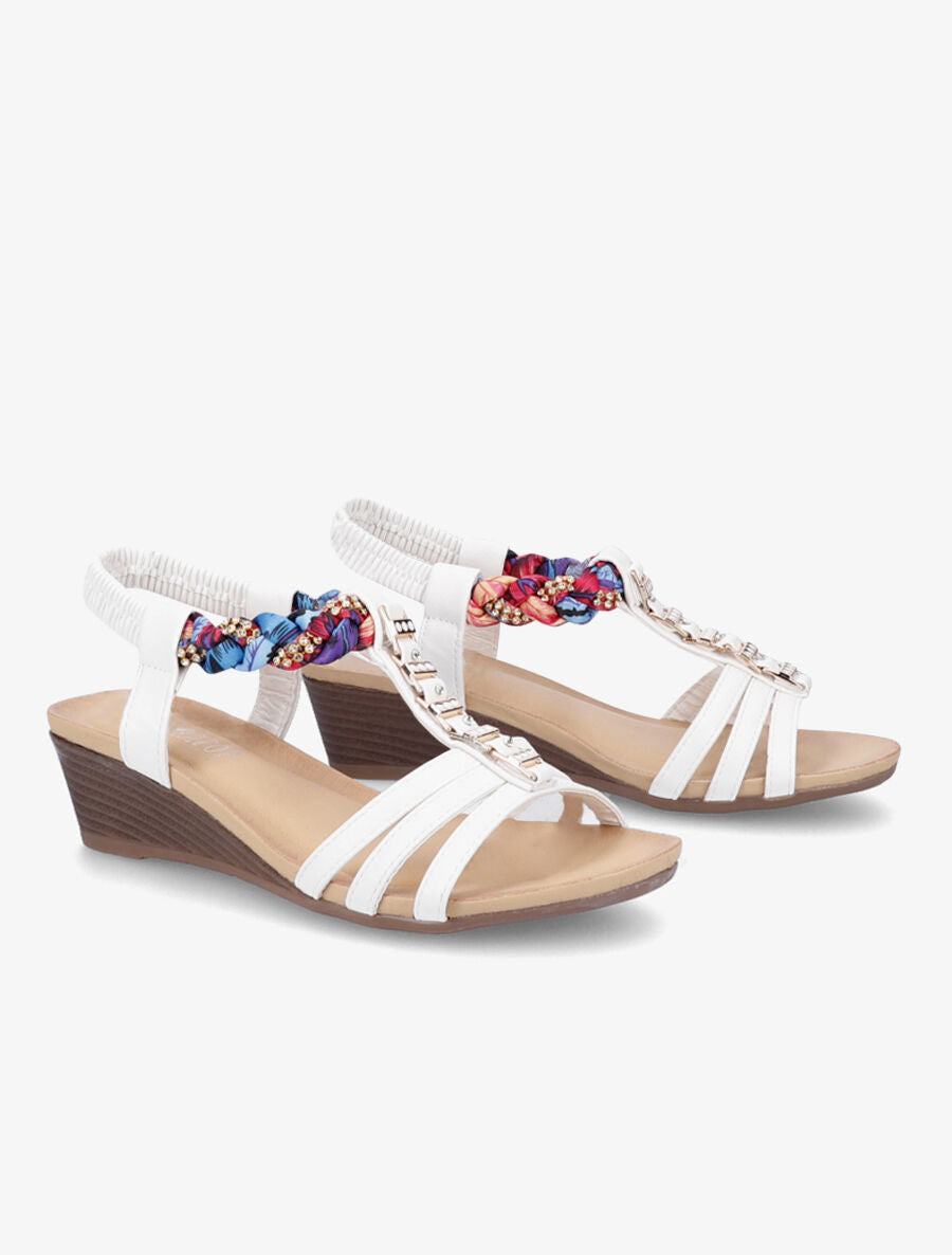 Sandales imprimées ornées de bijoux dorés et strass - Blanc - 5