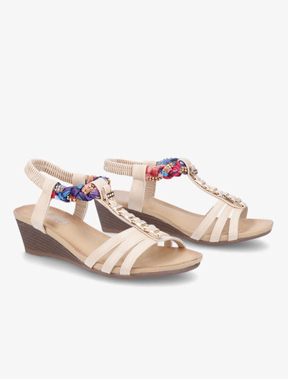 Sandales imprimées ornées de bijoux dorés et strass - Beige - 4