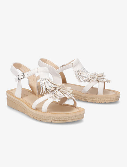 Nu-pieds en suédine à franges et strass - Beige - 4