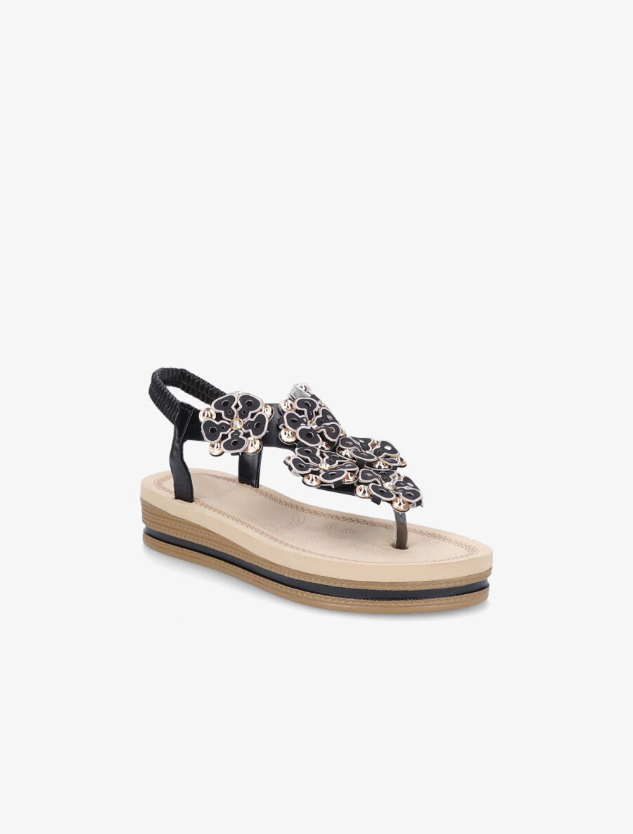 Nu-pieds à fleurs ornées de strass - Noir - 2