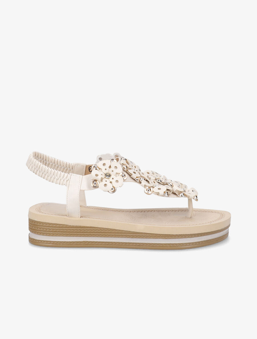 Nu-pieds à fleurs ornées de strass - Beige - 5