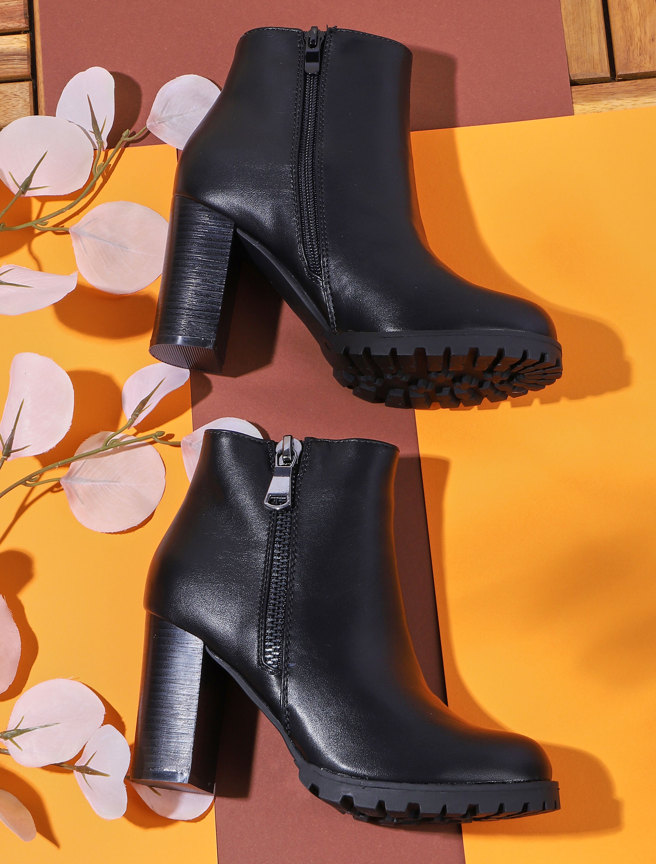 Bottines à talon et zip décoratif - Noir - 5