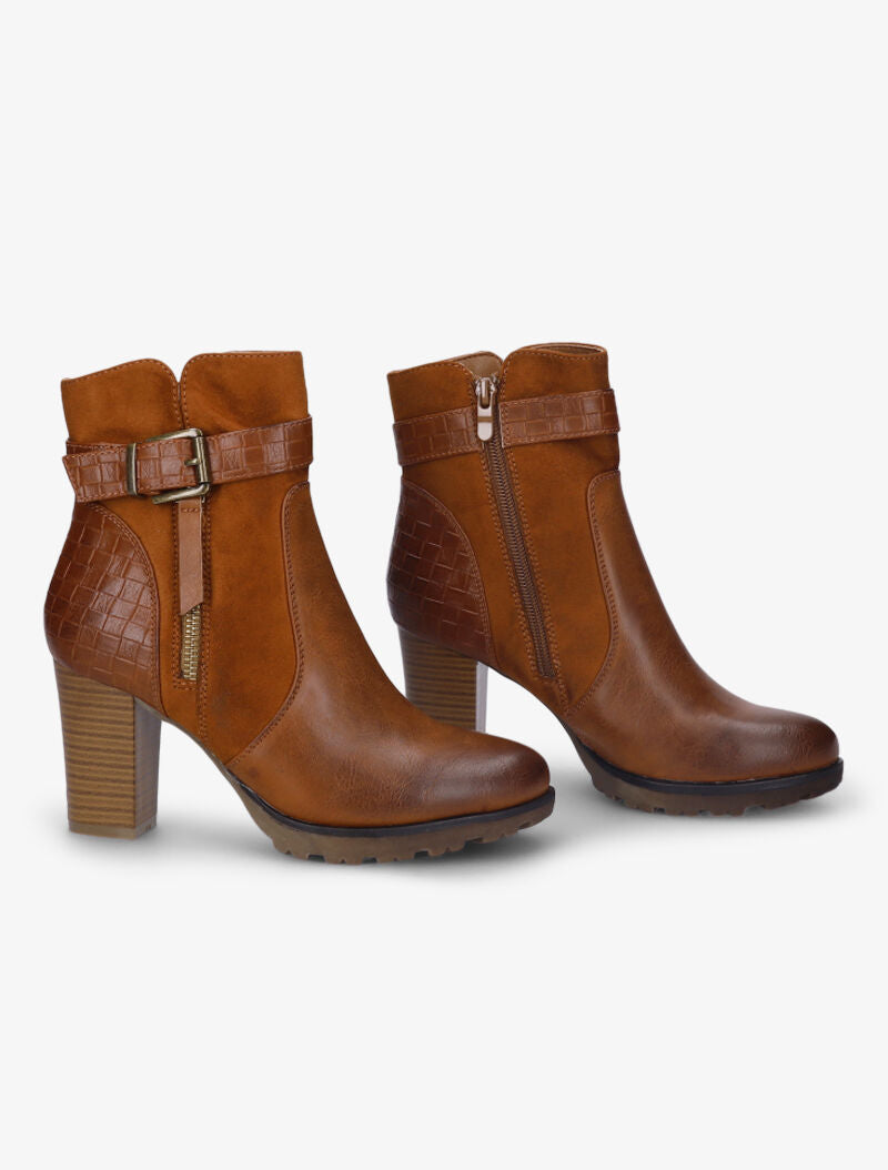 Bottines montantes à sangle et contrefort tressés - Camel - 5