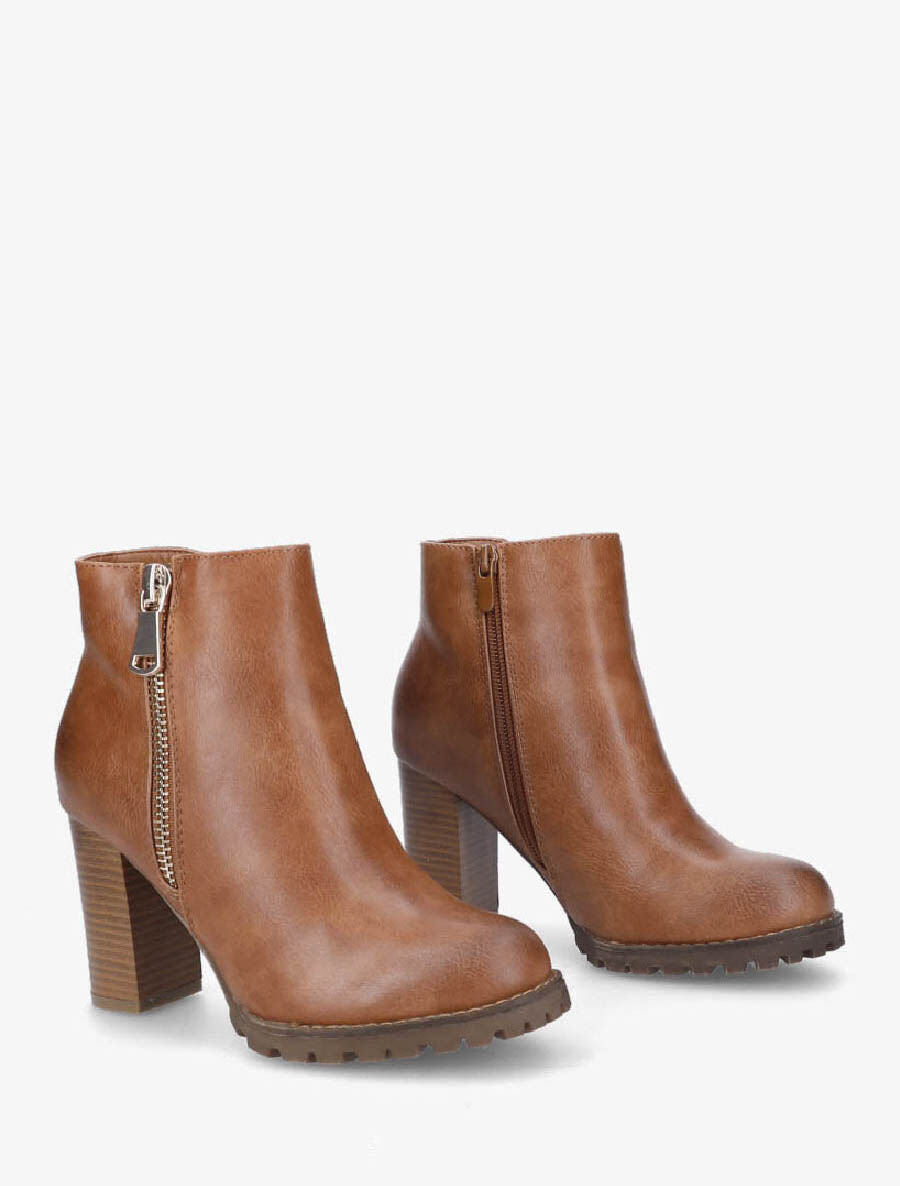 Bottines à talon et zip décoratif - Camel - 4