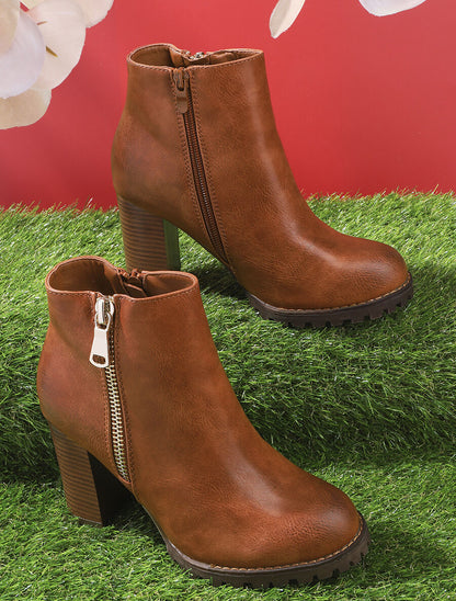 Bottines à talon et zip décoratif - Camel - 5