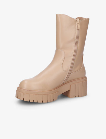 Bottines style motard à talons strillés et semelle crantées - Beige - 4