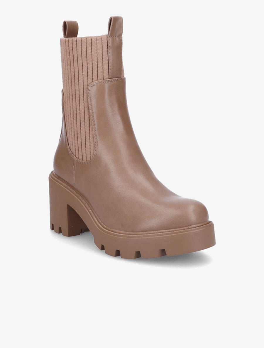 Bottines montantes à talon et ganse élastiquée côtelée - Camel - 2