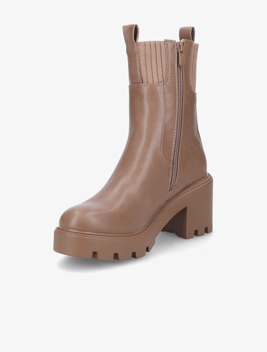 Bottines montantes à talon et ganse élastiquée côtelée - Camel - 3