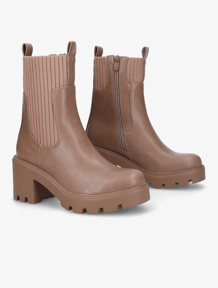 Bottines montantes à talon et ganse élastiquée côtelée - Camel - 4