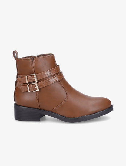 Bottines à double sangles croco - Camel - 1