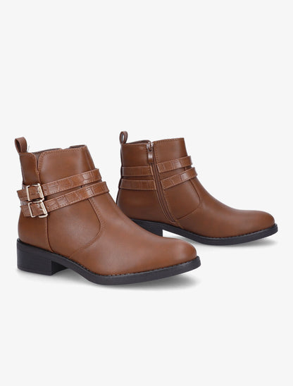 Bottines à double sangles croco - Camel - 4