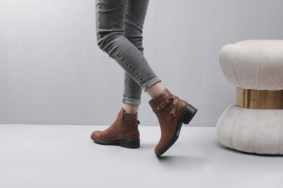 Bottines en simili à sangle - Camel - 5