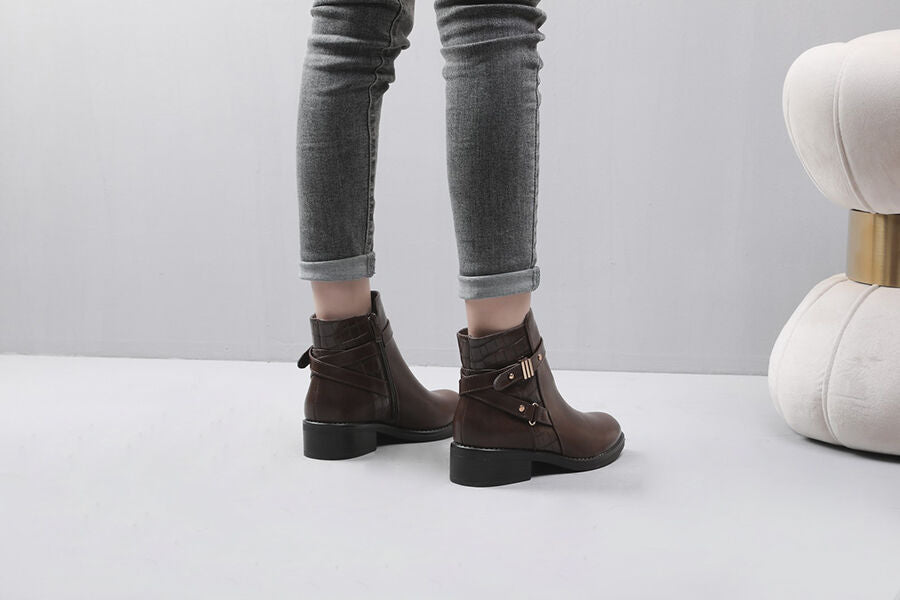 Bottines en simili à sangle - Marron - 5