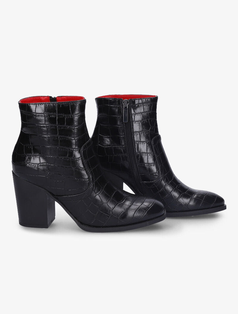 Bottines montantes effet croco à talons et bouts ronds - Noir - 1