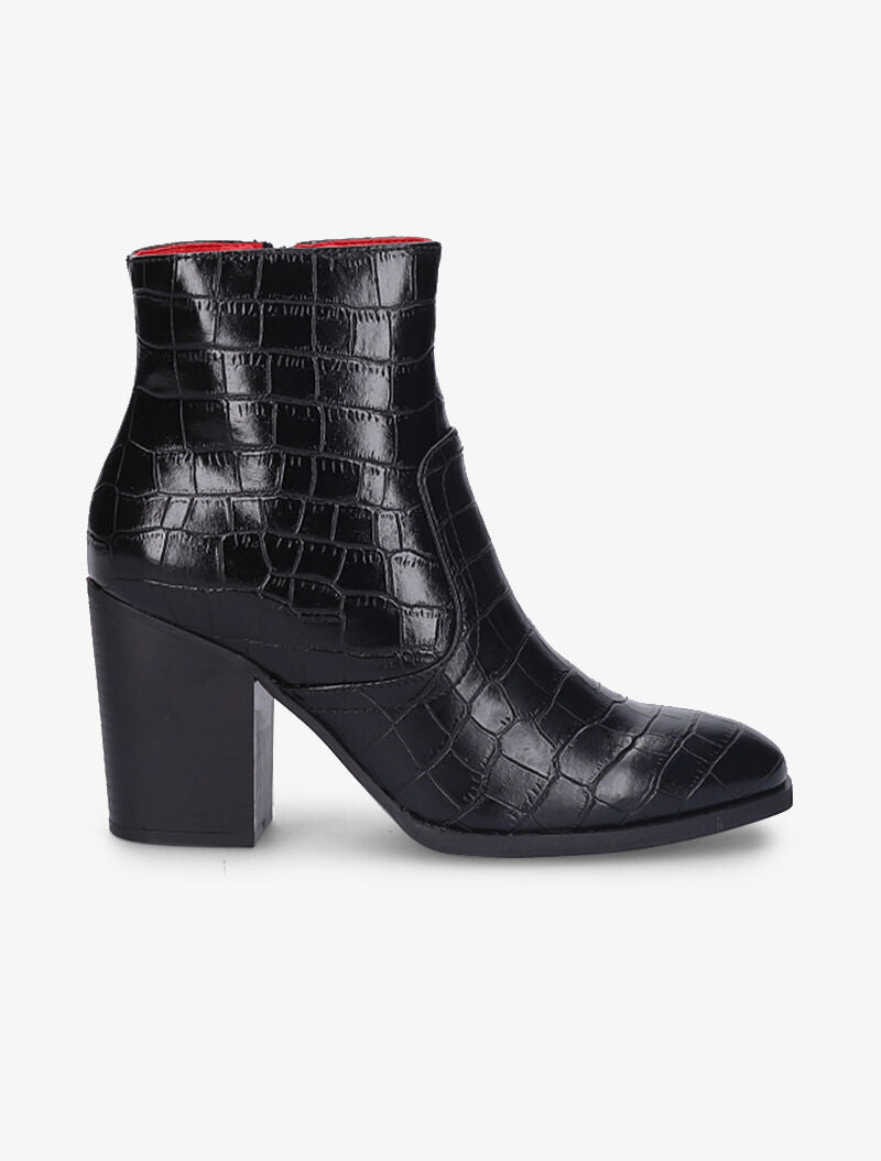 Bottines montantes effet croco à talons et bouts ronds - Noir - 2