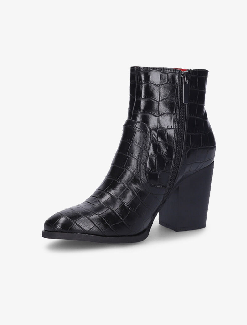 Bottines montantes effet croco à talons et bouts ronds - Noir - 4