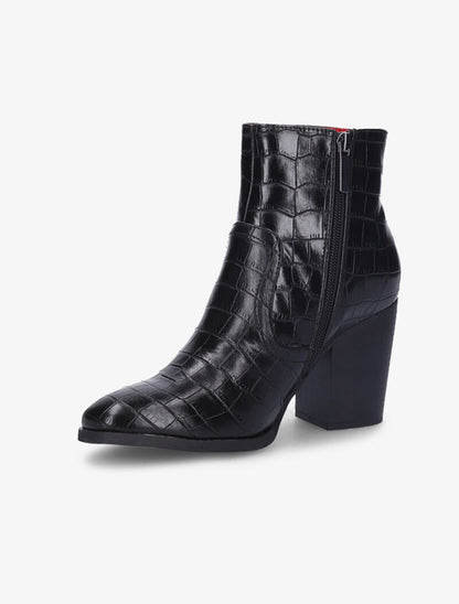 Bottines montantes effet croco à talons et bouts ronds - Noir - 4