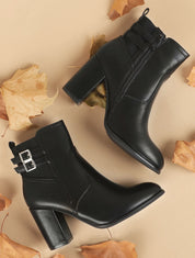 Bottines à talon et boucles en simili - Noir - 1