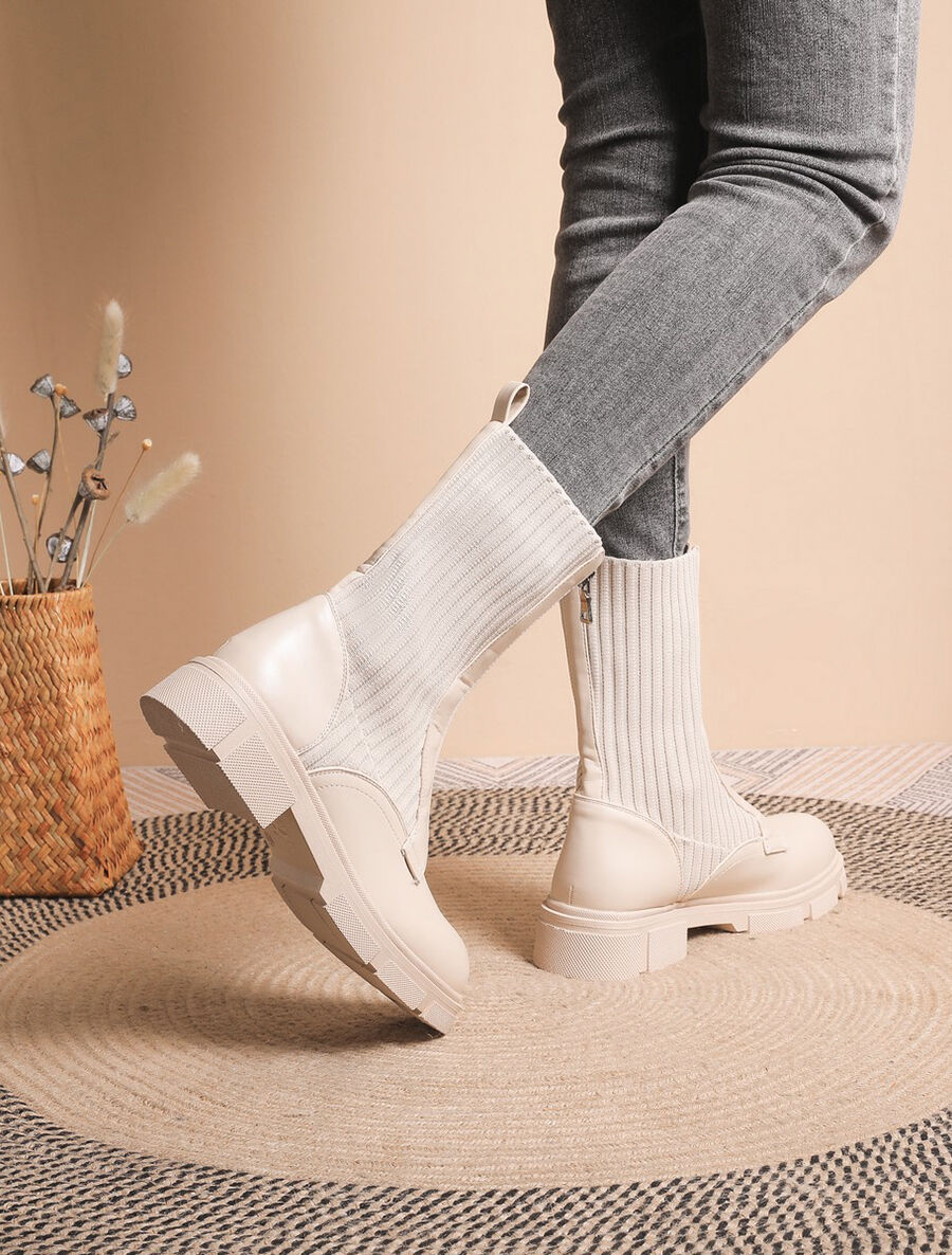 Boots zippées bi-matière - Beige - 5