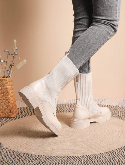 Boots zippées bi-matière - Beige - 5