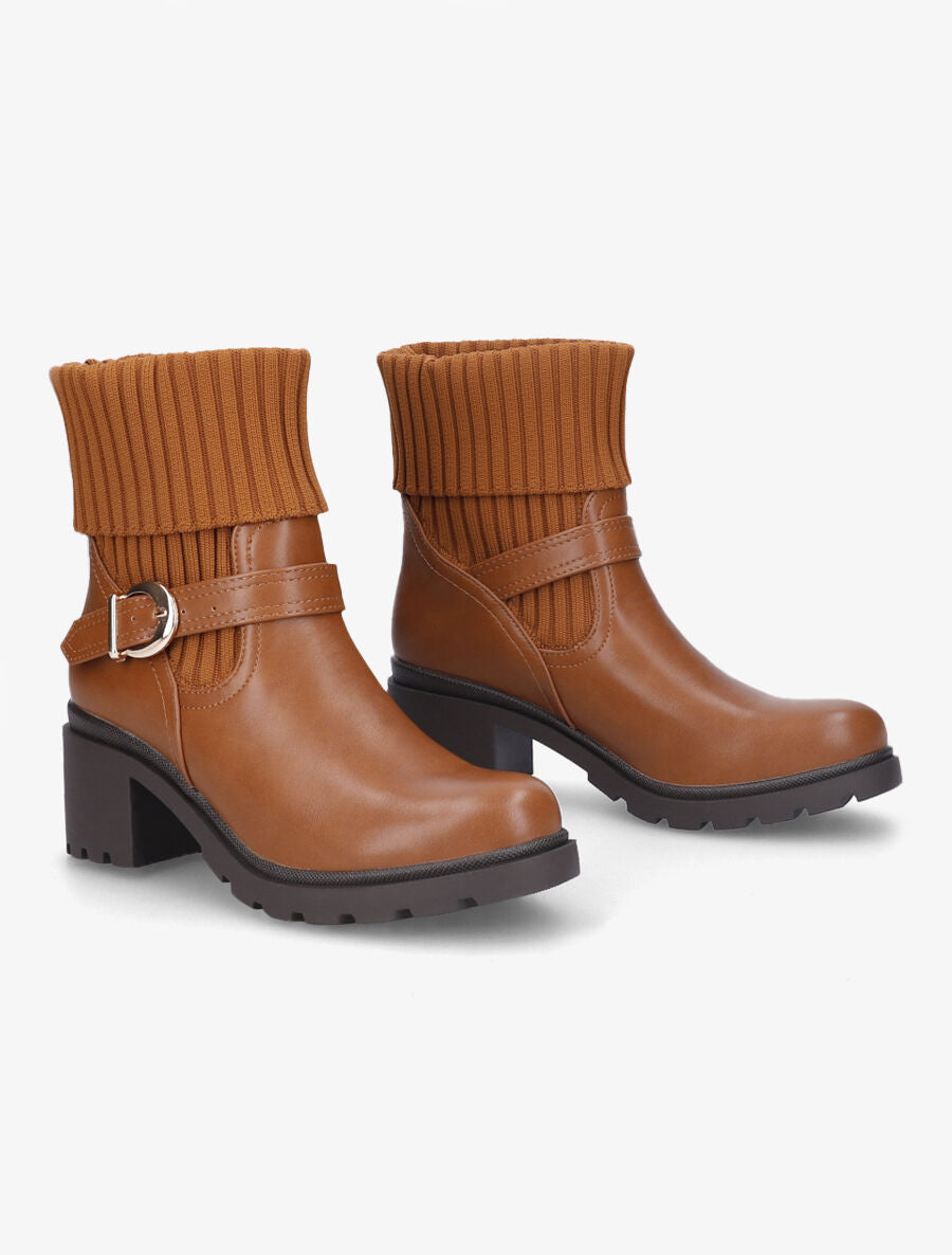 Boots côtelées à talon style motard - Camel - 4