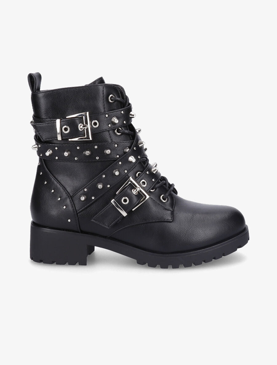 Bottines à sangles ornées de picots et strass - Noir - 5