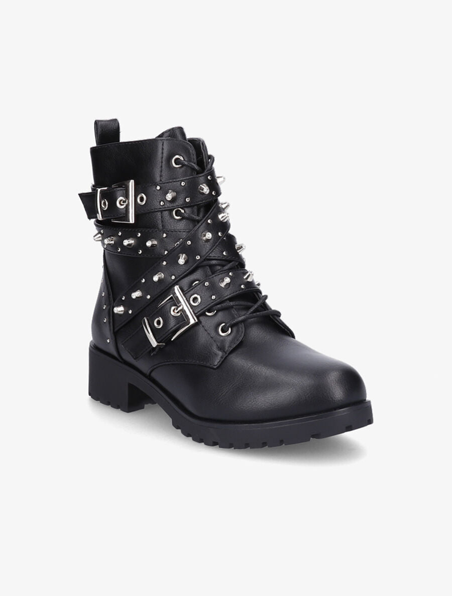 Bottines à sangles ornées de picots et strass - Noir - 2