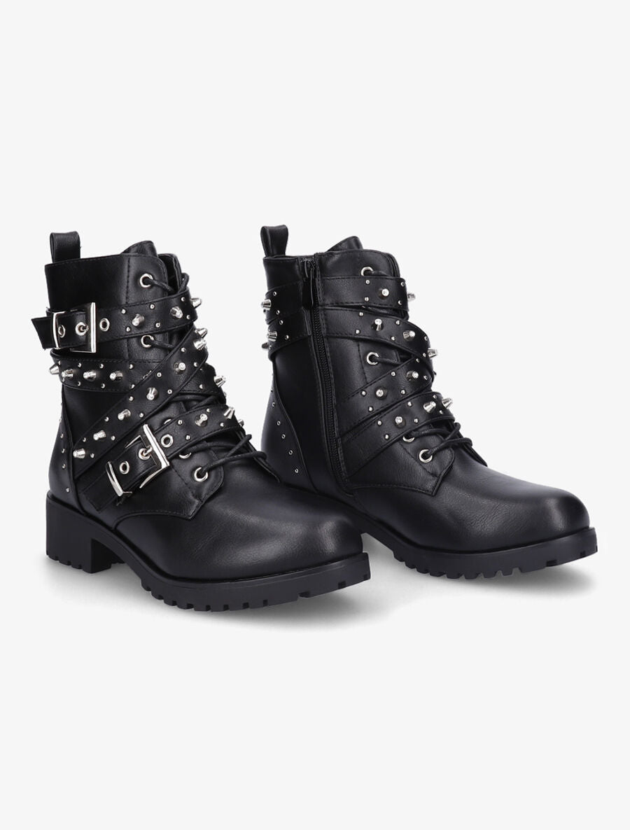 Bottines à sangles ornées de picots et strass - Noir - 4