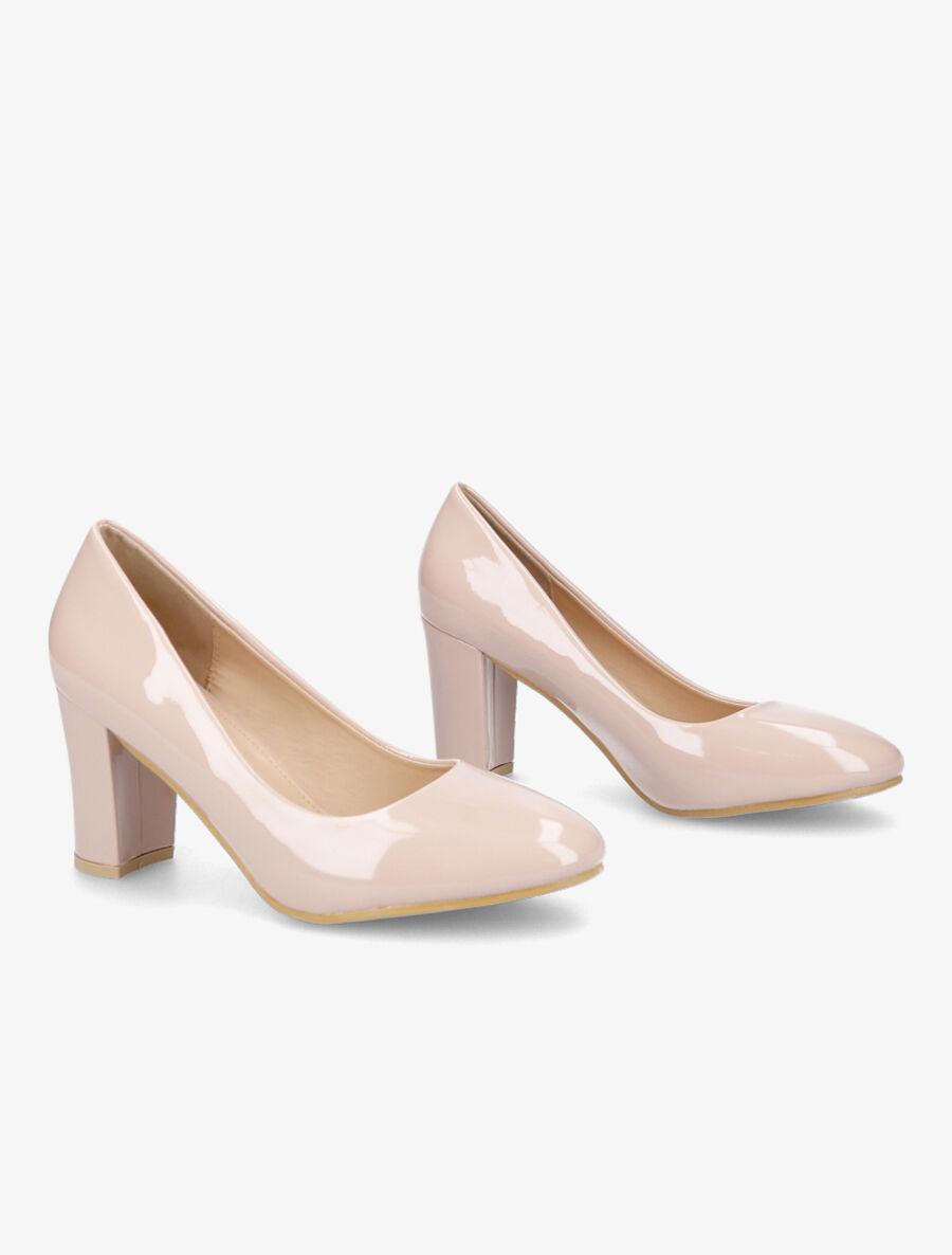 Escarpins vernis à talon épais - Beige - 4