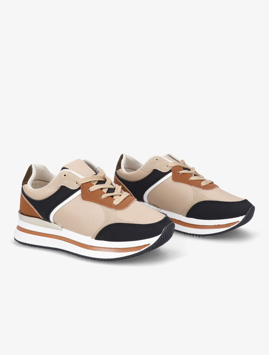 Baskets en simili et suédine - Beige - 4