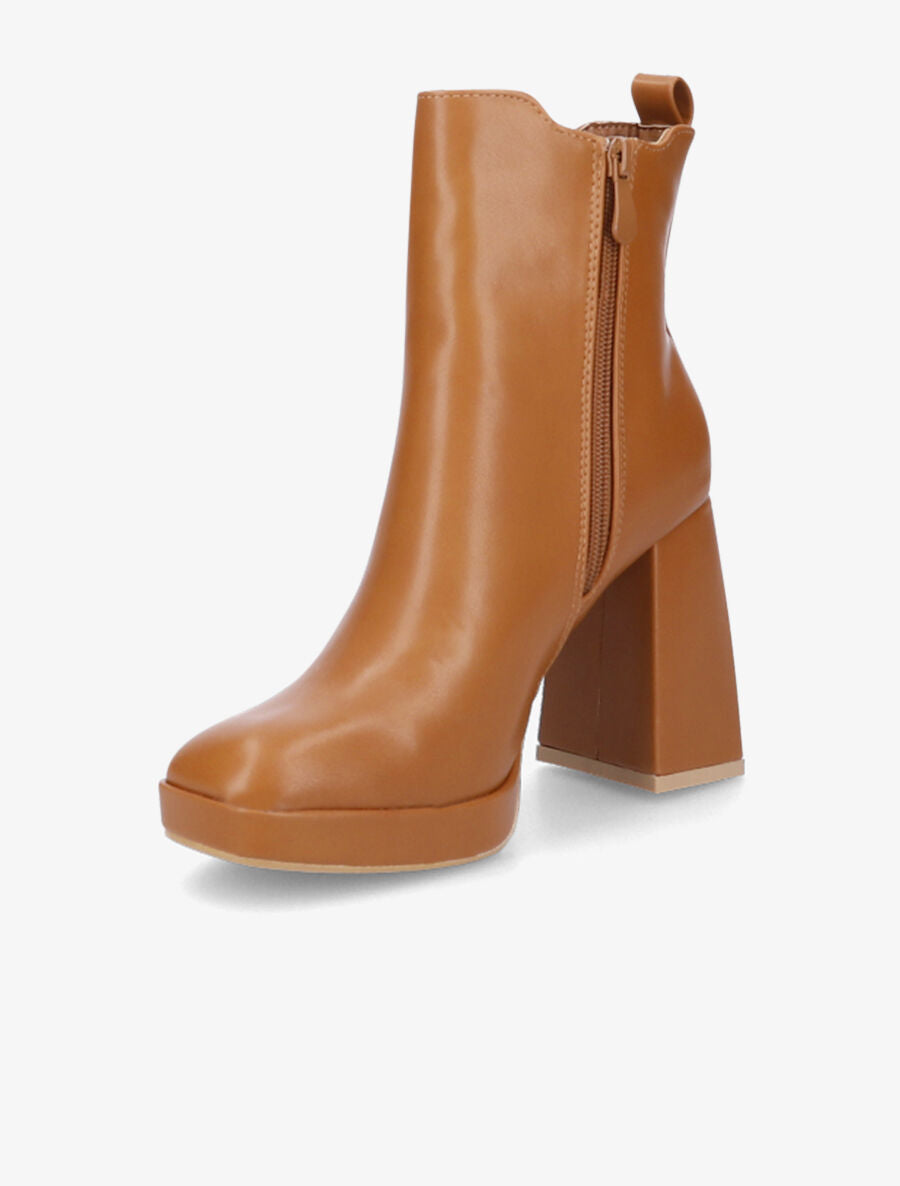 Bottines à talon et bout carré - Camel - 3