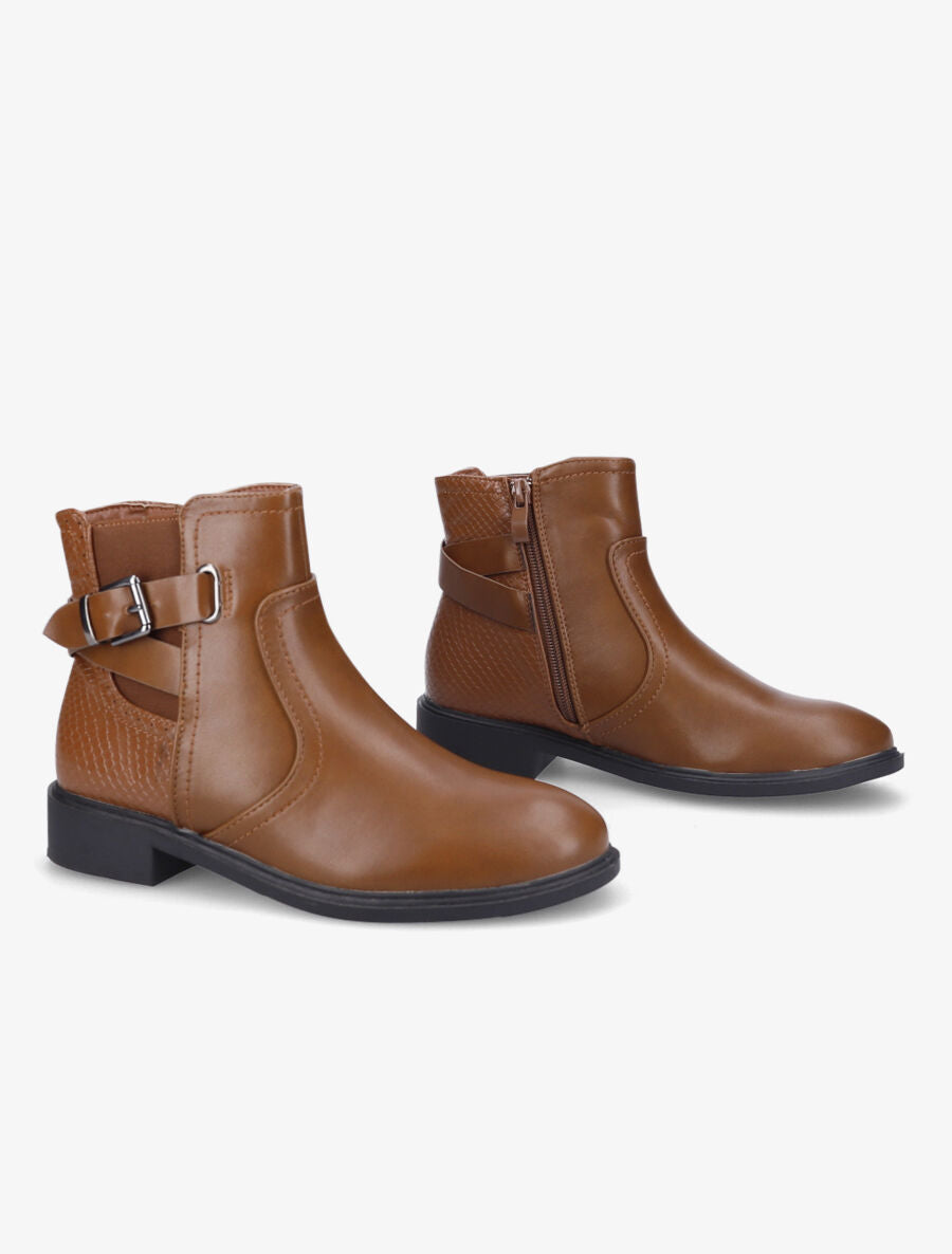 Bottines plates à contrefort effet python et sangles - Camel - 4