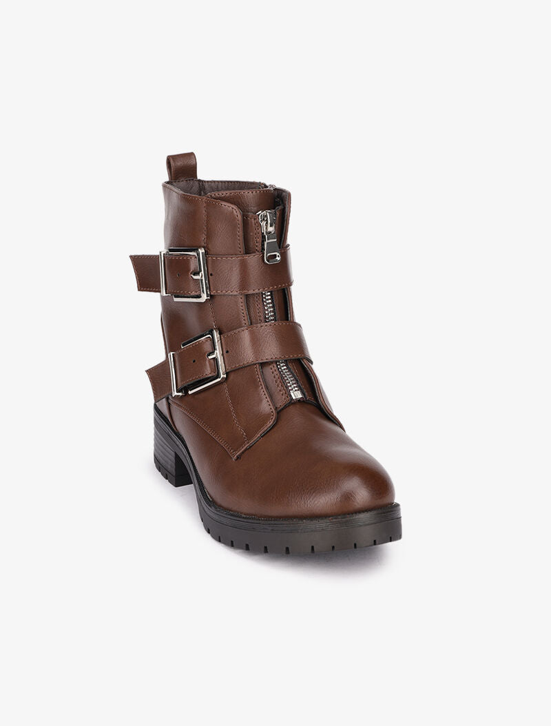Boots en simili à brides décoratives - Marron - 3