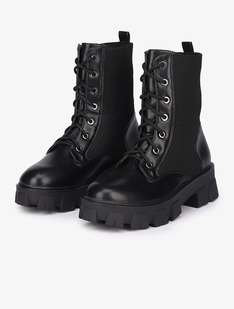 Bottines en simili et tissu stretch à semelles épaisses - Noir - 1