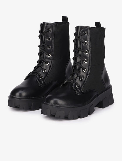 Bottines en simili et tissu stretch à semelles épaisses - Noir - 1