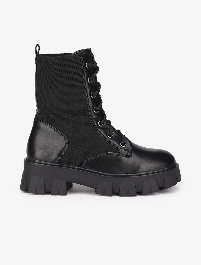 Bottines en simili et tissu stretch à semelles épaisses - Noir - 2