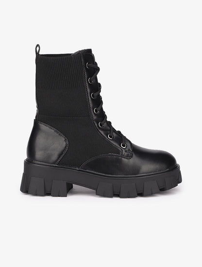 Bottines en simili et tissu stretch à semelles épaisses - Noir - 2