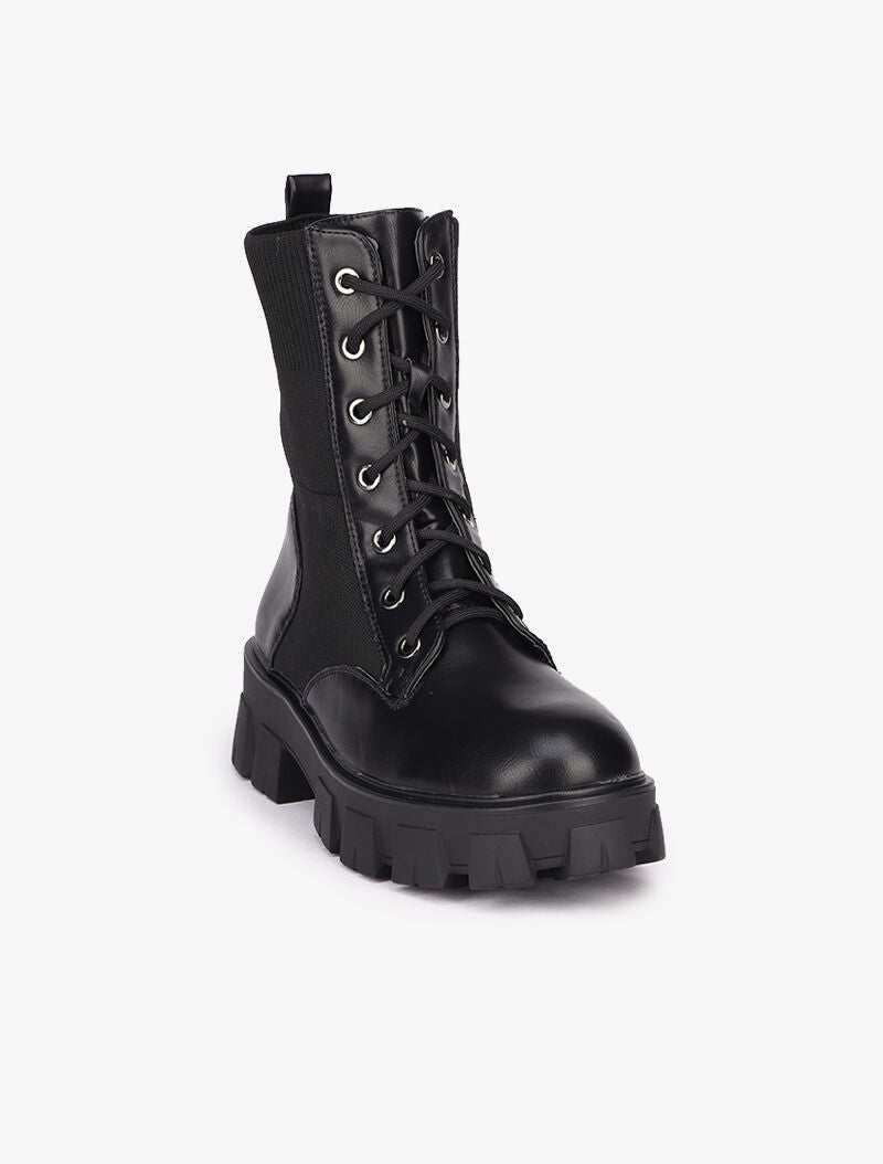 Bottines en simili et tissu stretch à semelles épaisses - Noir - 3
