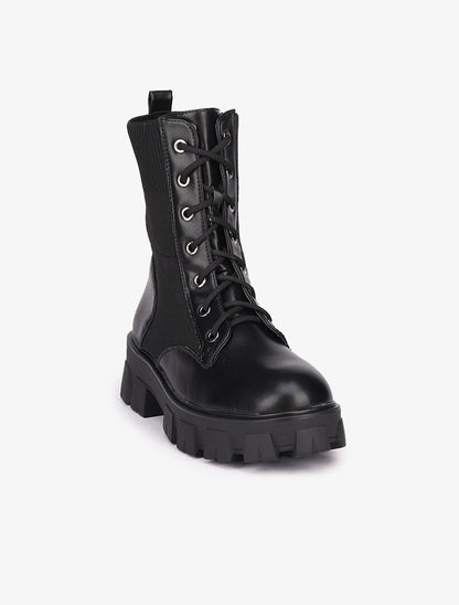 Bottines en simili et tissu stretch à semelles épaisses - Noir - 3