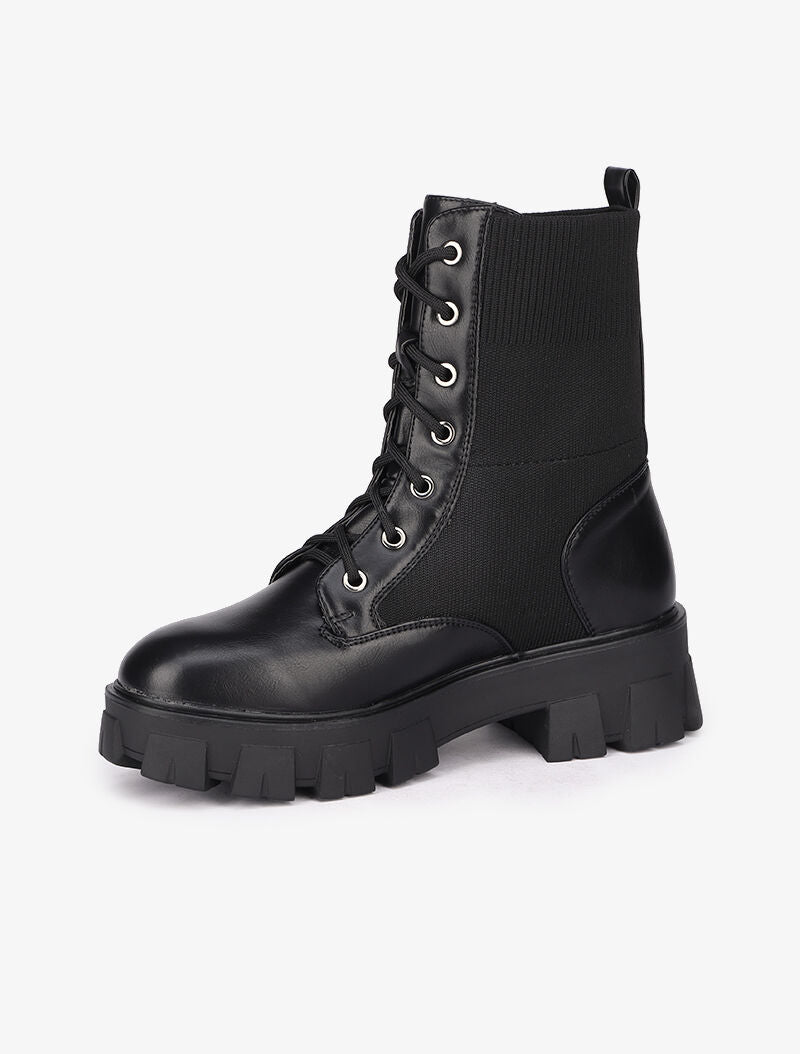 Bottines en simili et tissu stretch à semelles épaisses - Noir - 4
