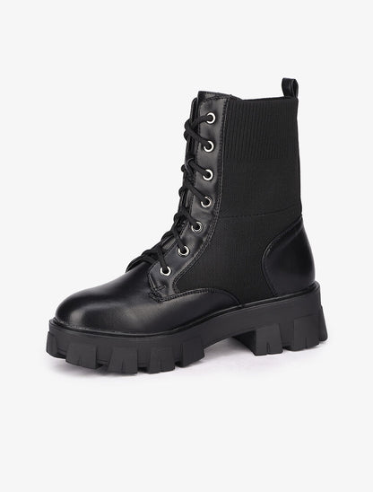 Bottines en simili et tissu stretch à semelles épaisses - Noir - 4