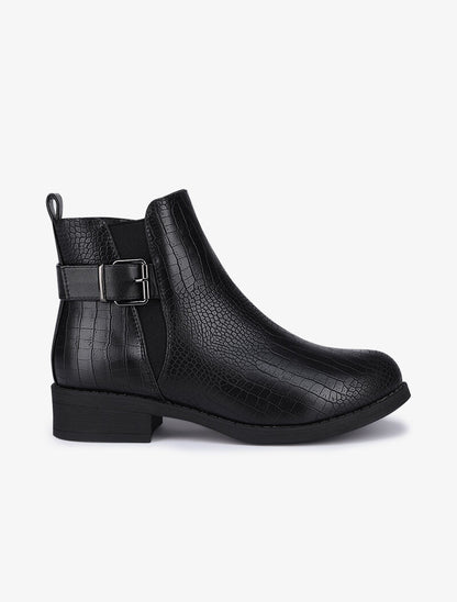 Bottines effet croco à bride à boucle carré - Noir - 2