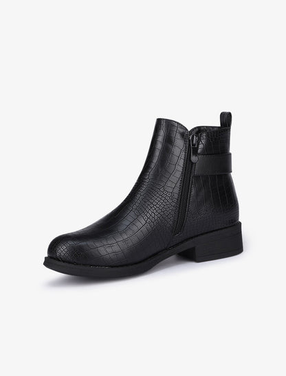 Bottines effet croco à bride à boucle carré - Noir - 4