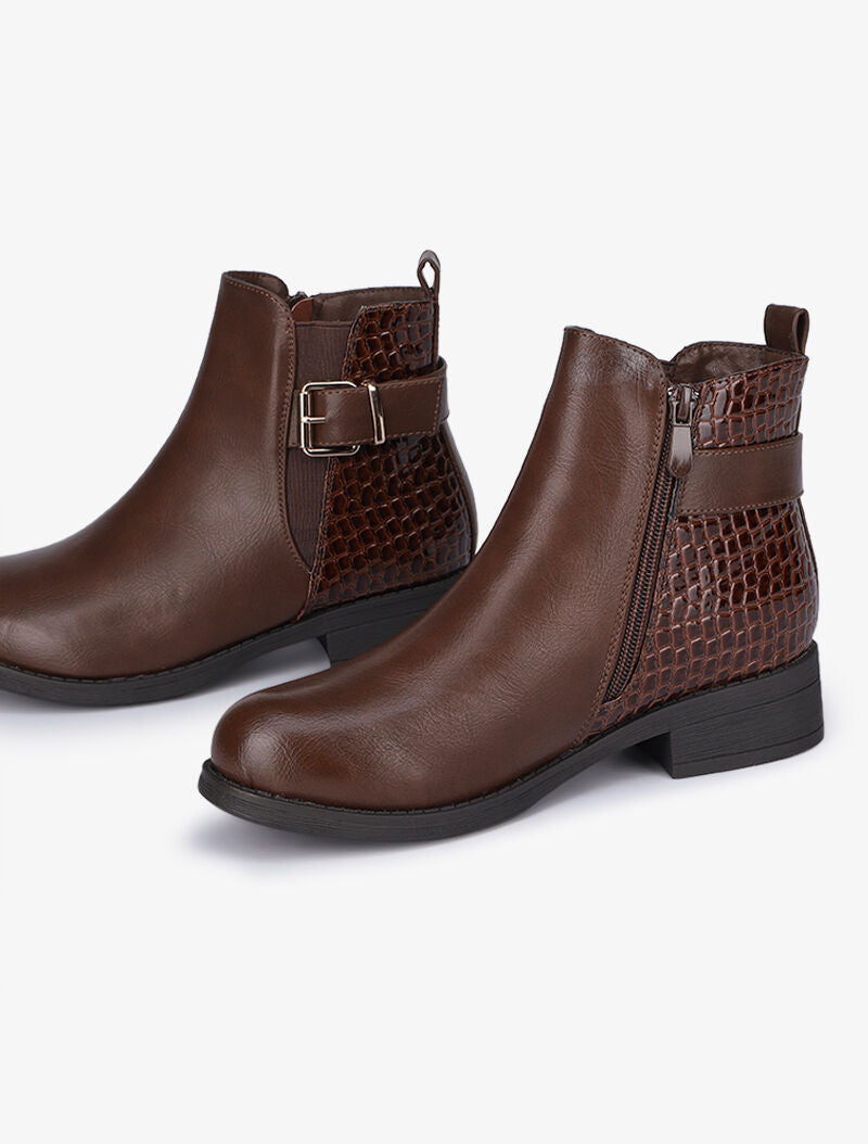 Bottines plates en simili à contrefort croco - Marron - 5