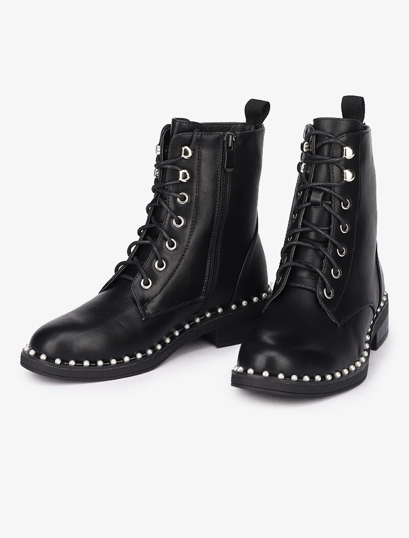 Bottines montantes ornées de perles - Noir - 5