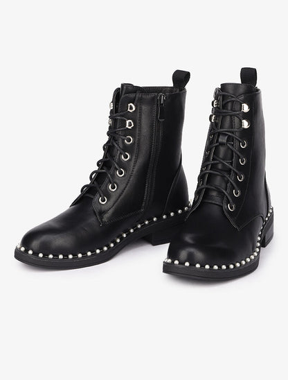 Bottines montantes ornées de perles - Noir - 5