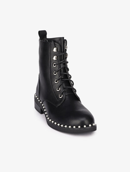 Bottines montantes ornées de perles - Noir - 3