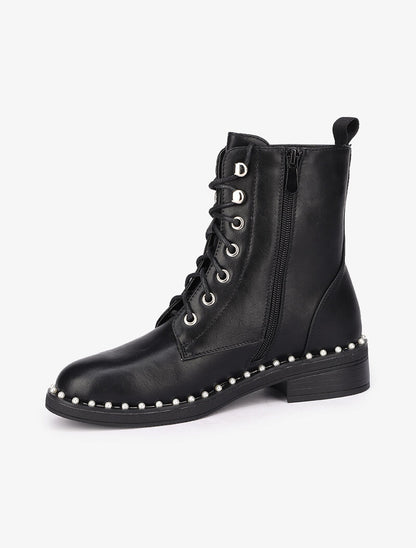 Bottines montantes ornées de perles - Noir - 4